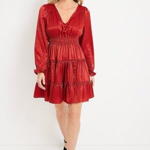 Maurices Red Satin Babydoll Dress Long Sleeve Tiered Romantic Holiday Party 3X